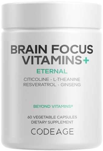 Codeage Brain Focus Vitamins+, Citicoline Cognizin, Ginseng, 60 Capsules