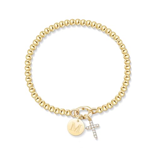 Free bird Gold Cross Bracelet for Women Stretchable Beaded Bracelets 14K Gold Charm Bracelet Initial Gifts