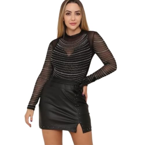 Saia Feminina Curta Couro Com Perolas (BR, Alfa, M, Regular, Regular, Preto)