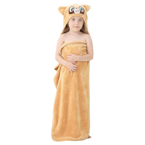 Image of MICHLEY Cartoon Hooded Baby Towel Unisex, Premium Soft Swimming Bathrobe Large Washcloths 31.5 inch x 53 inch for 0-9T (Raccoon)