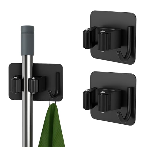 Image of DALUCI Adhesive Broom Holder Wall Mounted - Stainless Steel Mop Holder for Wall Without Drilling | Waterproof & Rustproof Broom Stick Holder Hook for Home, Bathroom & Kitchen (Black, 3 Pcs)