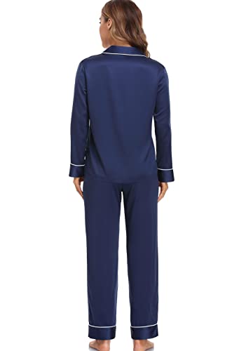 Image of Serenedelicacy Women's Satin Pajama Set Long Sleeve Button Down Sleepwear 2-Piece Silky Pj Set