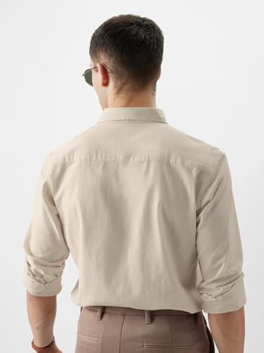 Image of The Souled Store Solid Linen: Beige Color Men and Boys Regular Outdoor Fit Full Sleeve Collared Neck Spread Collar Casual Wear Stylish Comfortable Premium Elegant Cotton Shirts
