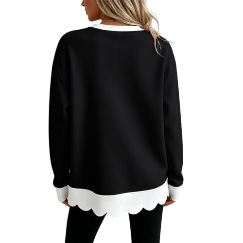 Black Sweatshirt for Women Cotton Crewneck Scalloped Hem Pullover Tops - image 7