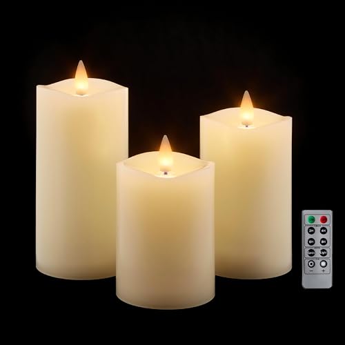 Image of Flameless Pillar Candles Flickering with Remote Timer, Battery Operated LED Candles Up to 400 Hours, 3D Moving Flame Real Wax Candles. (Ivory Melted Top)