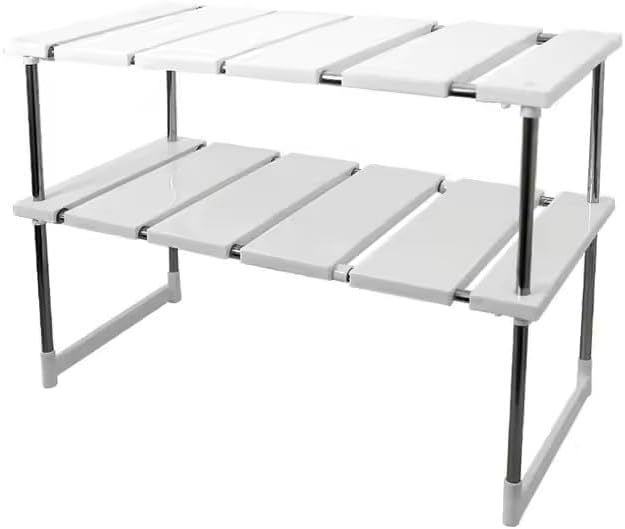 Multipurpose Under Sink Plastic Storage Organizerwith Stainless Steel Frame Adjustable Kitchen Rack Holder, White, Tabletop, Countertop, Plastic Shelves, 45X26X54-70CM EXPANDABLE..