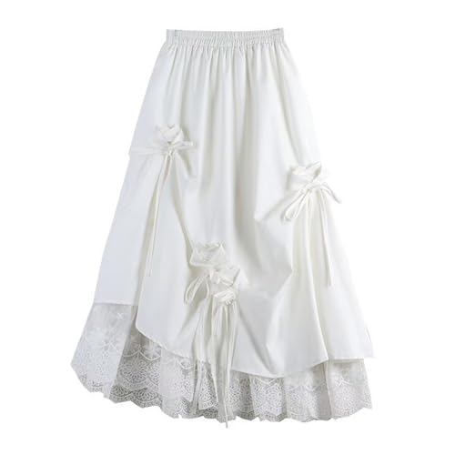 Womens Elegant Lace Patchwork A-Line Long Skirts Bow Decor Elastic Waist Asymmetrical Casual Skirt Plus Size
