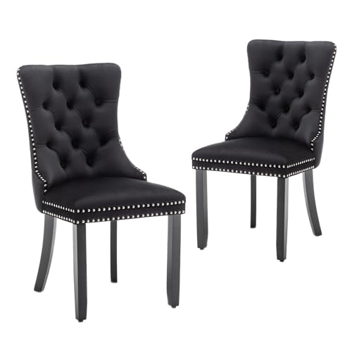 Hixkol Velvet Dining Chairs Set of 2,Upholstered Dining Chairs with Ring Pull Trim and Button Back,Modern Seating for Kitchen, Bedroom & Living Room(Black)