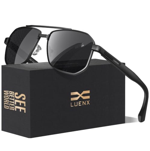 LUENX Aviator Polarized Sunglasses for Men: 99% Anti Glare - UV Protection - Designer Vinatage Trendy Square Style for Driving Fishing Cycling Beach - Black Lens Black Glossy Temple