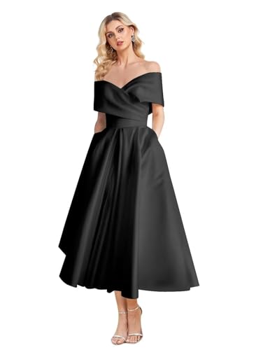 Image of Women's Off Shoulder Wedding Dress for Bride Tea Length A Line Satin Formal Prom Dresses with Pockets