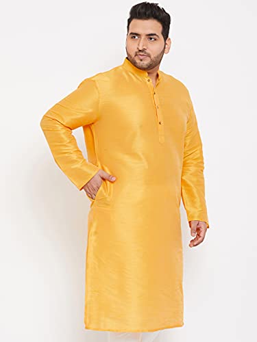 Image of Vastramay Men's Yellow Silk Blend Banarasi Kurta, Full Sleeve, Mandarin Neck, Regular Fit, Festive, Soft Comfortable Feel, Solid Design for Traditional Occasions