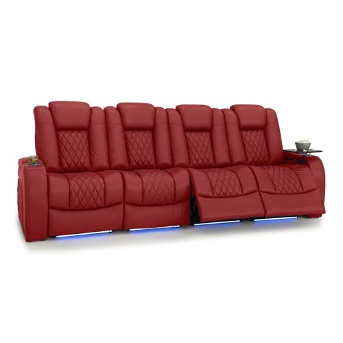 Image of Seatcraft Diamante Red Italian Leather Home Theater Seating, Zero Gravity Power Recliner Gaming and Home Office Chair, Powered Headrest Lounge Sofa Furniture for Cinema Room, Row of 4 Sofa