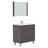 HOMN LIVING Mueble de Baño Adam con 2 cajones 2 Puertas, Espejo y Lavabo PMMA, Acabado en Gris Ceniza, 80 cm (Ancho) x 45 cm (Fondo) x 80 cm (Alto)