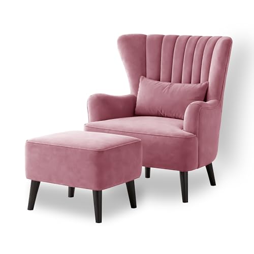 Image of Modern Velvet Wingback Accent Chair with Ottoman & Cushion for Living Room | Premium Upholstered Lounge Chair with Footrest |Rose Pink