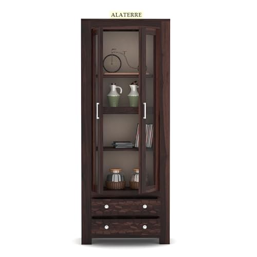 Image of Wood Book Shelf for Home Library | Wooden Book Shelf with Glass Door | Kitchen Crockery Cabinet, Almirah, Home Furniture, Books Rack, Book Stand, BookCases, Shelves, Walnut Finish
