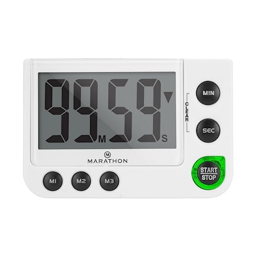 Marathon 100 Minute Digital Timer, White - Large, Easy-to-Read LCD Display - Loud Ring Alarm - AAA Battery Included