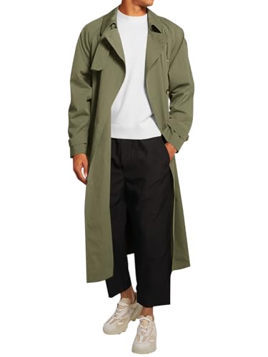 Runcati Mens Trench Coat Double Breasted Belted Windbreaker Jackets Lapel Lightweight Long Jacket Casual Overcoat