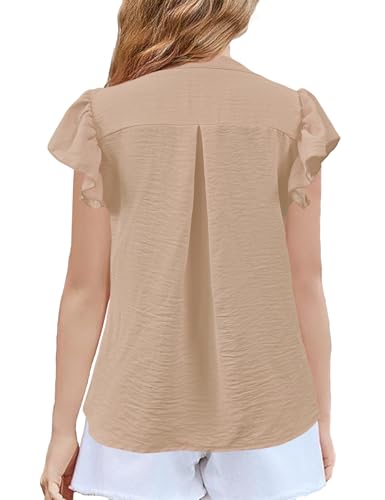 Image of Floral Find Girls Casual Ruffle Short Sleeve V Neck Textured Shirts Summer Dressy Tunic Top Blouses