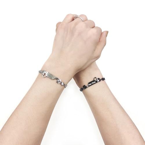 Image of 2 Couple Bracelets for men women, Love /Koi Fish /Gossip Jigsaw Puzzle Stainless Steel Heart-shaped Chain Adjustable Bracelet for Boyfriend Girlfriend Valentine's Day Gift Jewelry