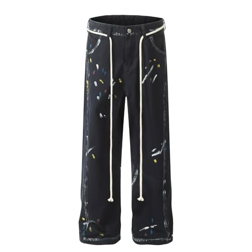 Jeans Pants Trousers Denim Retro Trendy Street Spray Paint Dot Painting Personalized Casual Black Straight Leg for Men