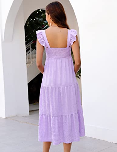 Image of KOJOOIN Womens Maternity Dress Summer Sleeveless Smocked Square Neck Ruffle Casual Boho Midi Dress Baby Shower Photoshoot