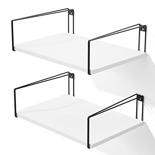SRIWATANA Wandregal Breite Weiß Holz und Metall 2er Set, Regal Wand 42x31x12 cm Wandboard Moderne Dekoration Hängeregal für KücheWohnzimmer, Badzimmer, Schlafzimmer, Büro