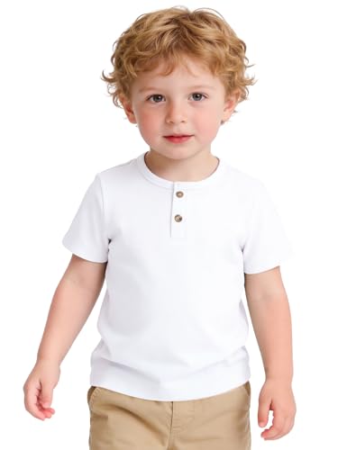ZUEMET Toddler Boys Short Sleeve Henley Shirt Casual Cotton Shirts Basic Tee Tops Size 4T White