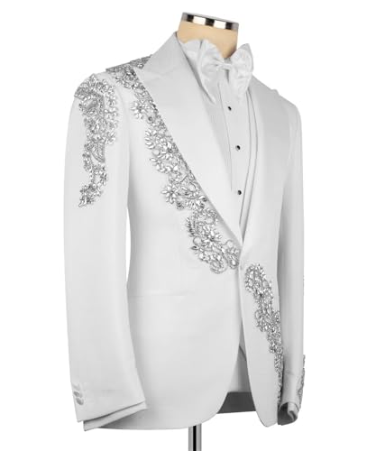 Men's Beads Suit Slim Fit White Luxury Sequins Floral Tuxedo Blazer Jacket for Wedding Party Prom Peaked Lapel3