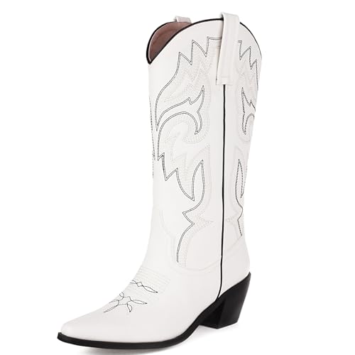 Voviggiw Women Mid Calf Cowboy Boots Embroidered Western Boots Cowgirl Boots White Mark Size 41