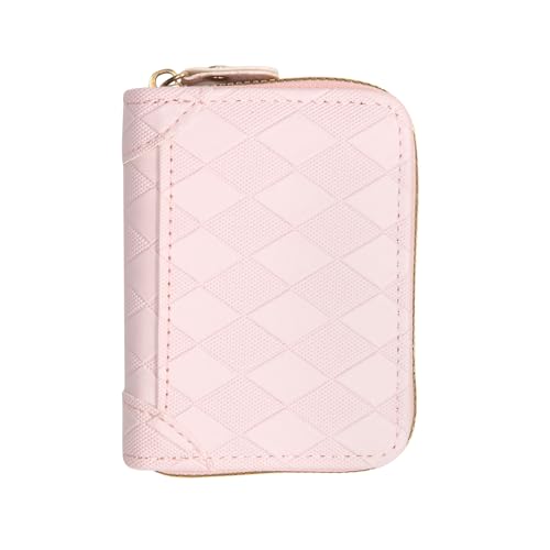 LJCZKA Credit Card Holder Wallet for Women Men Small Zipper Card Case Leather Accordion Purse Short Compact Change Pocket (Quilted Pink)