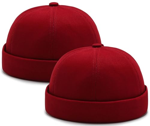 Image of 2 Pcs Mens Brimless Docker Cap Set - Retro Worker Sailor Skull Cap Beanie with Rolled Cuff