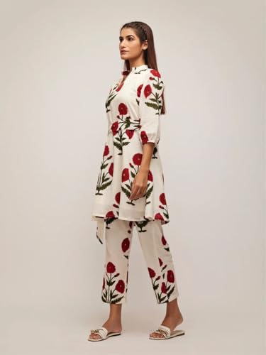 Image of Leriya Fashion White Kurti Set for Women | V-Neck Straight Kurta Sets for Woman | Summer Co ord Set For Women Stylish | Ethnic Kurtis for Office Outfit | Floral Printed Kurtis 3 /4 Sleeve