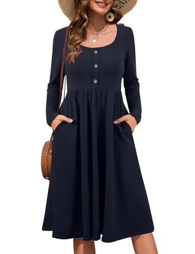 Beluring Midikleid Damen Elegant Langarm Kleider Rundhals Freizeitkleid A-Linien Tunika Kleid Marineblau S