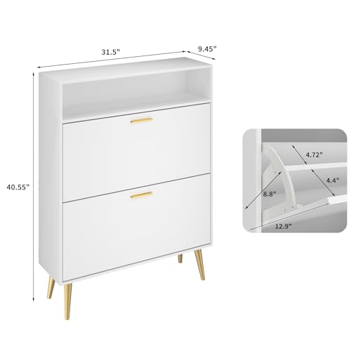 JOZZBY White Shoe Cabinet for Entryway, Narrow Shoe Storage Cabinet with 2 Flip Drawers, Hidden Shoe Rack for Hallway, Living Room