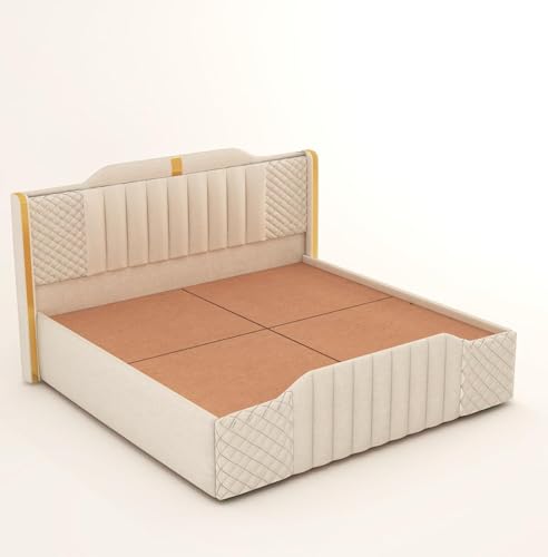 Image of Modern Upholstered King Size Bed with Storage | Double Bed with Box Storage & Upholstery Premium Fabric Headboard | Platform Bed for Bedroom & Hotel | Sheesham Wood, White, 6.5 x 6 Ft