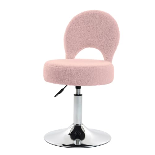 Image of Adjustable Small Vanity Stool Chair with Folding Back for Teenager | 360 Swivel Vanity Chair for Makeup | Teddy Fabric Ottoman Stool for Bedroom Living Room | Small | Pink