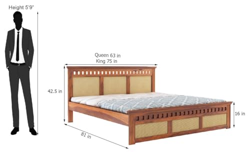 Image of Sheesham Wood King Size Cane Bed Without Storage Wooden Double Cot Palang Furniture for Bedroom Living Room Home Hotel Honey Finish 1 Year Warranty