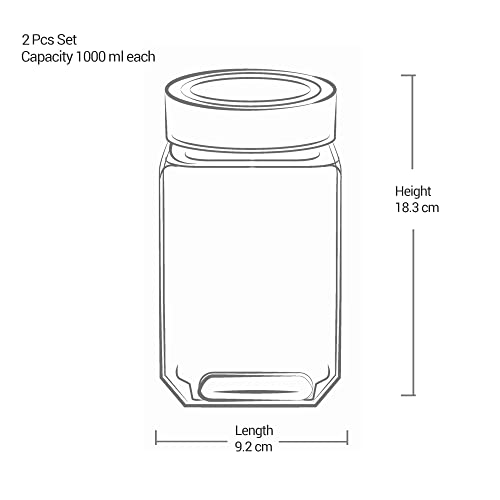 Image of Treo by Milton Cube Storage Containers, Pack of 2, Glass Jar with Air Tight Steel Lid, 1000 ml each, Transparent Jars for Snacks, Pulses, Masala, Pickles, Cereals, Cookies, Dry Food