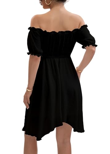 Image of Womens Off Shoulder Ruffle Puff Sleeve Tie Up Irregular Swiss Dot Mini Cottagecore Dress