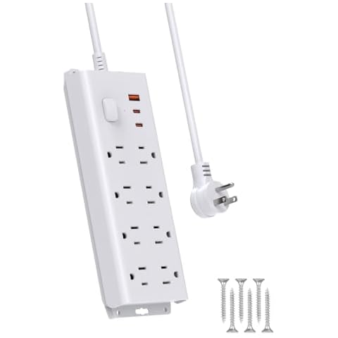 Surge Protector Power Strip with USB 30W PD Fast Charge, 8 AC Outlet and 3 USB Port Mountable Power Strip, 5FT Cord, Wall Mount, Flat Plug for Home Office School Dorm, White (6 Screws Included) Cover