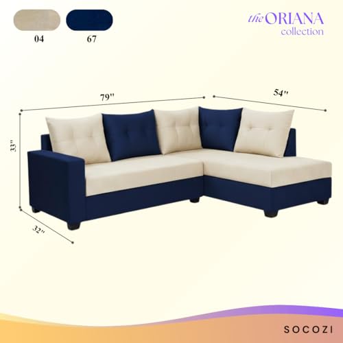 Image of SOCOZI Oriana 4 Seater RHS L Shape Sofa Set | Soft Velvet Suede Fabric | Modern Design | Plush Comfort Cushions for Living Room (Dark Blue-Cream)