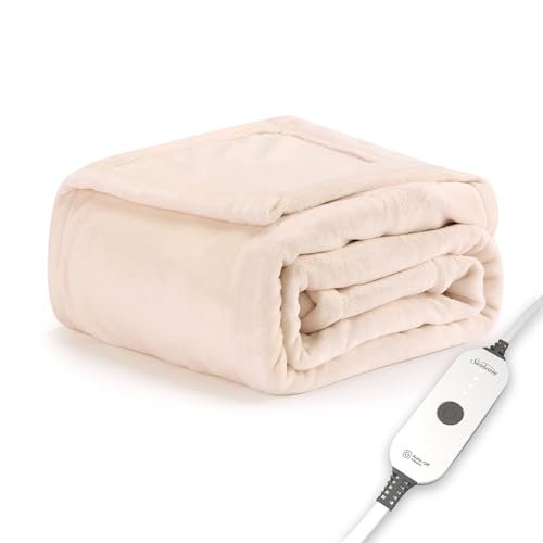 Sunbeam Electric Throw Royal Posh Velvet Heated Blanket 4 Heat Settings 4-Hour Auto Shut-Off Fast Heating Lush Silky and Ultra Comfy Champagne Color 50 x 60