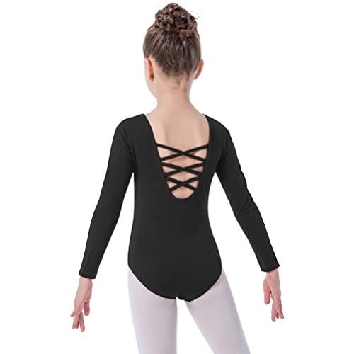 MOLLDAN Girls Long Sleeve Ballet Leotards Crisscross Straps Back Dance Tops Black 6-8 Years