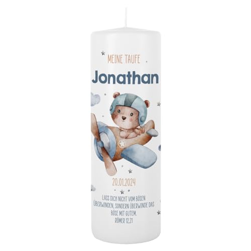 Striefchen® Taufkerze 250/80 mm mit Tiermotiven und Aufdruck des Namen und Datum sowie Taufspruch (Bär)