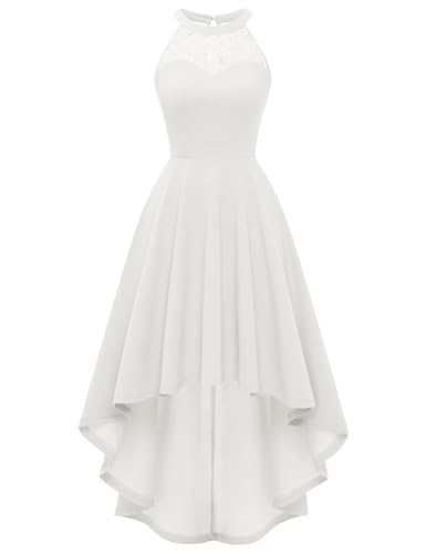 Bbonlinedress Sommerkleid Damen Neckholder High Low festliches weißes Brautkleid Abendkleider elegant für Hochzeit Abschlusskleid lang-1Ivory XL