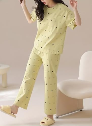 Image of SHIENZY Women Korean Style Night Suit | Round Neck Short Sleeve Cute Printed Cotton Pajama Set for Girls & Women | Soft Nightwear, Loungewear, Sleepwear for Women | Full Pyjama Set | Co-ord Set