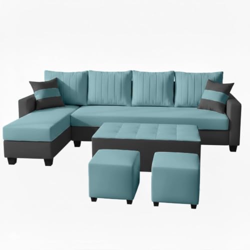 Image of FURNY Avenue 8 Seater Fabric LHS L Shape Sofa Set with 1 Centre Table & 2 Puffy (Sky Blue-Dark Grey) Premium Velvet Finish