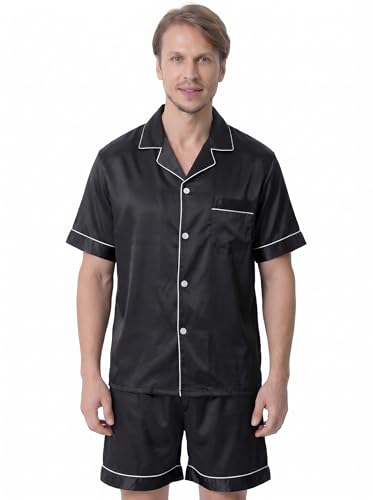 Image of Jecery 2 Piece Summer Pajamas for Women Man Soft Couples Matching Pjs Short Satin Button Down Sleepwear for Bride Groom Gift