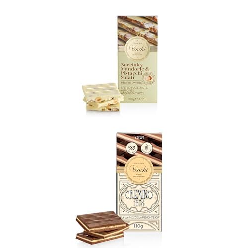 Venchi - 2 Tabletas, Tableta Nocciolata Blanco Salado, con “Avellana Piamonte IGP”, Almendras y Pistachos Salados Y Tableta Cremino 1878, Sin Gluten, Sin Colorantes y Sin Conservantes