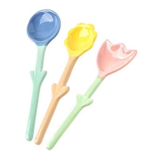 OFFSCH 3piezas Cucharas De Postre Flor De Cerámica Para Servir Sopa Utensilios Para Mesa De Hogar Cucharas Pequeñas Creativas Para Café y Aperitivos